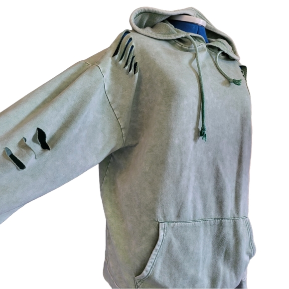 Gilded Intent Mineral Wash Green Distressed Cut Lightweight Hoodie in M ~Worn 1x - Picture 3 of 6